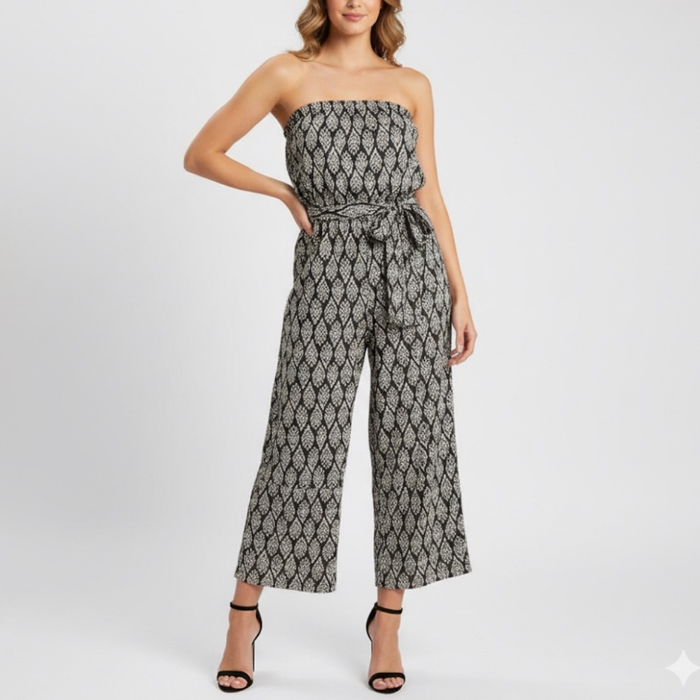 Fun & Flirt Strapless Wide Leg Jumpsuit Black White Print Size XL Boho Stretch